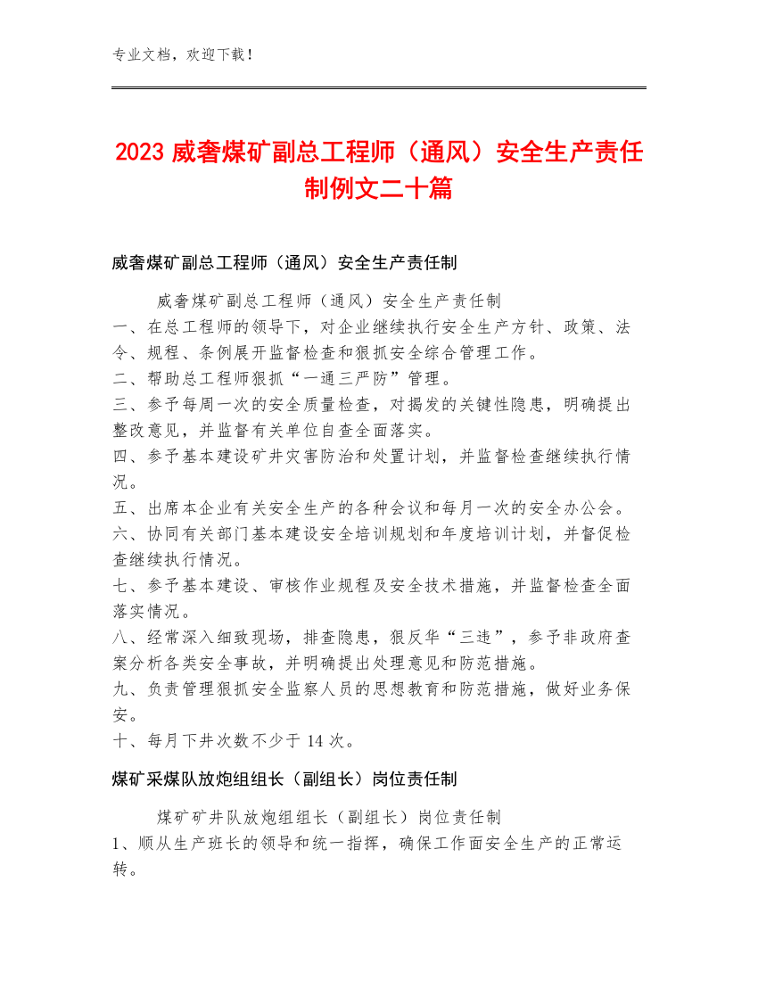 2023威奢煤矿副总工程师（通风）安全生产责任制例文二十篇