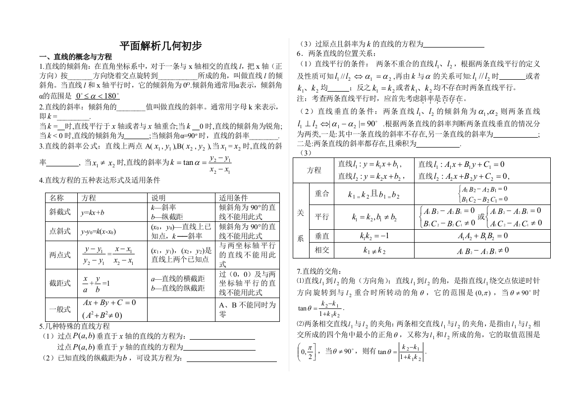 平面解析几何初步知识点