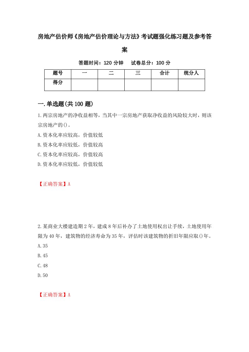 房地产估价师房地产估价理论与方法考试题强化练习题及参考答案22