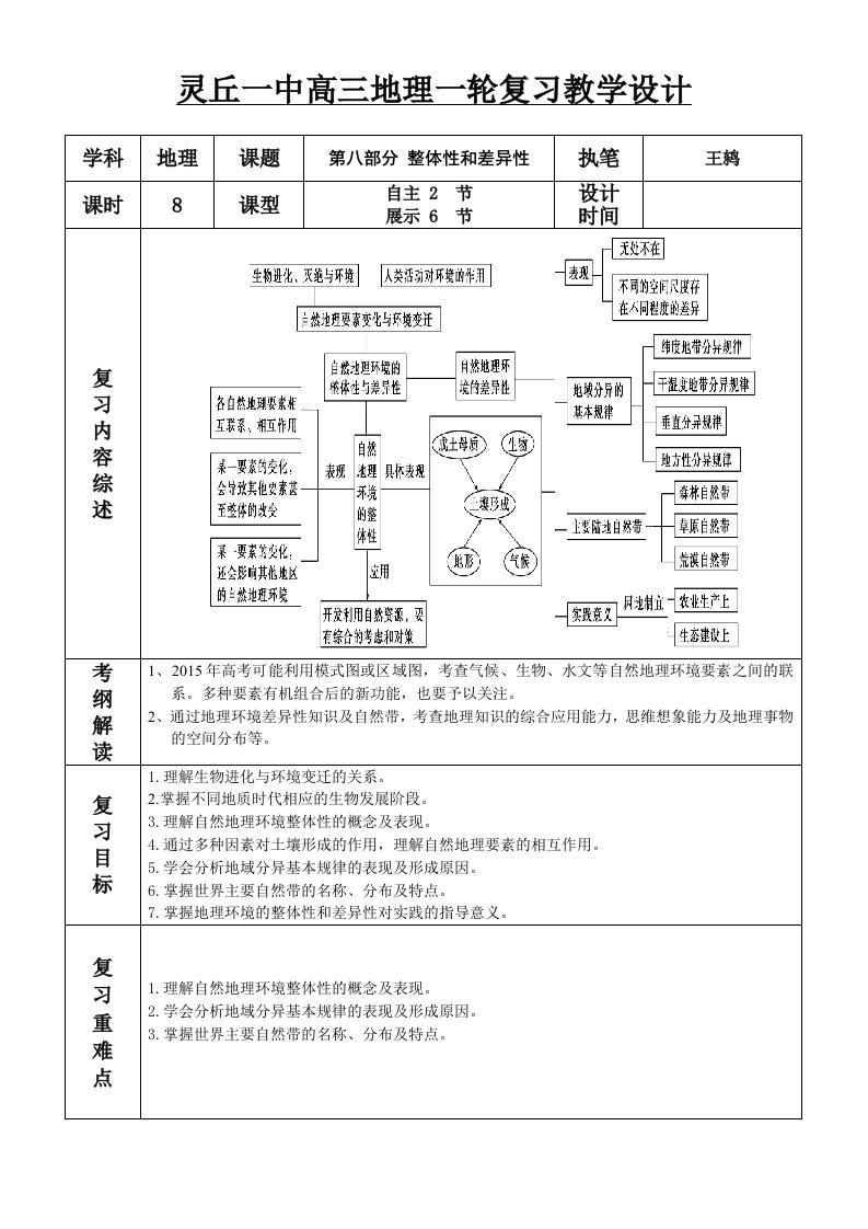 高三地理一轮复习教学设计整体性和差异性