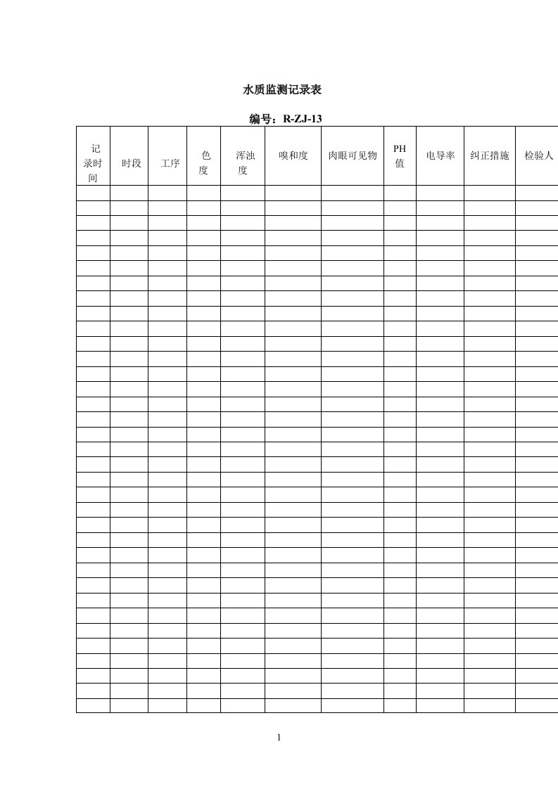 水质监测记录表（表格模板、DOC格式）