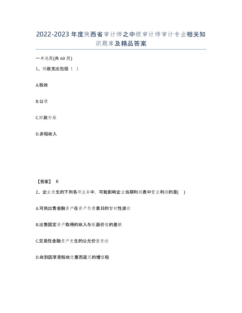 2022-2023年度陕西省审计师之中级审计师审计专业相关知识题库及答案