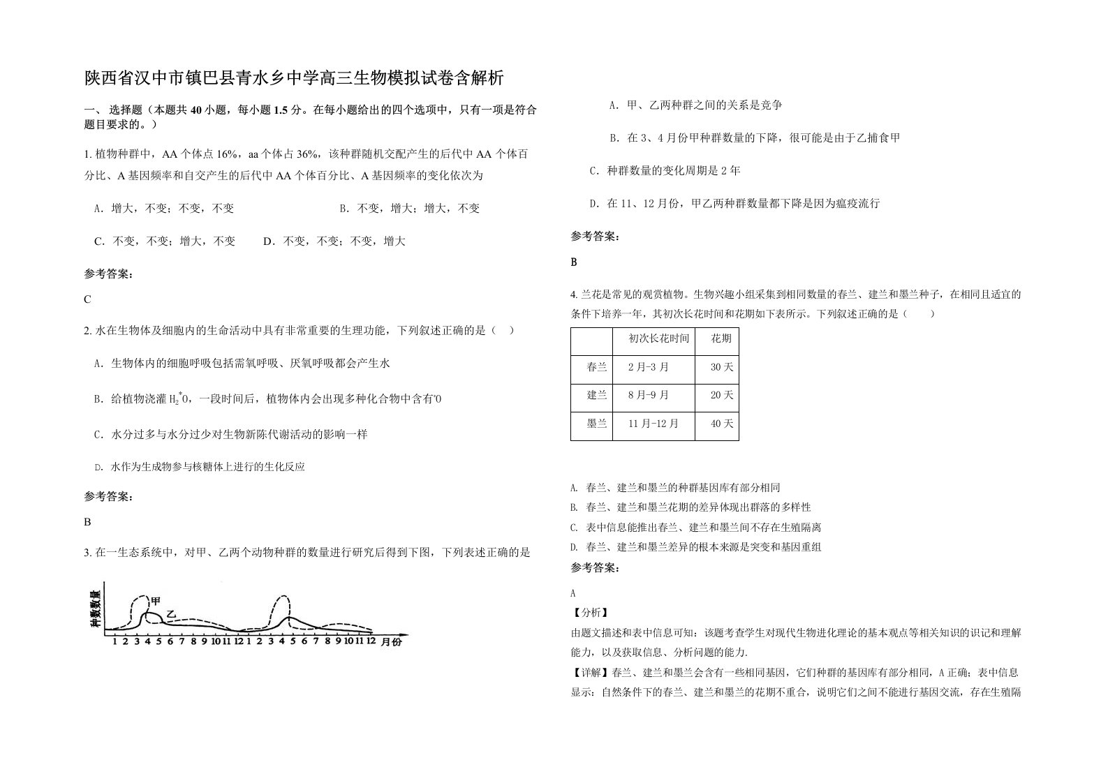 陕西省汉中市镇巴县青水乡中学高三生物模拟试卷含解析