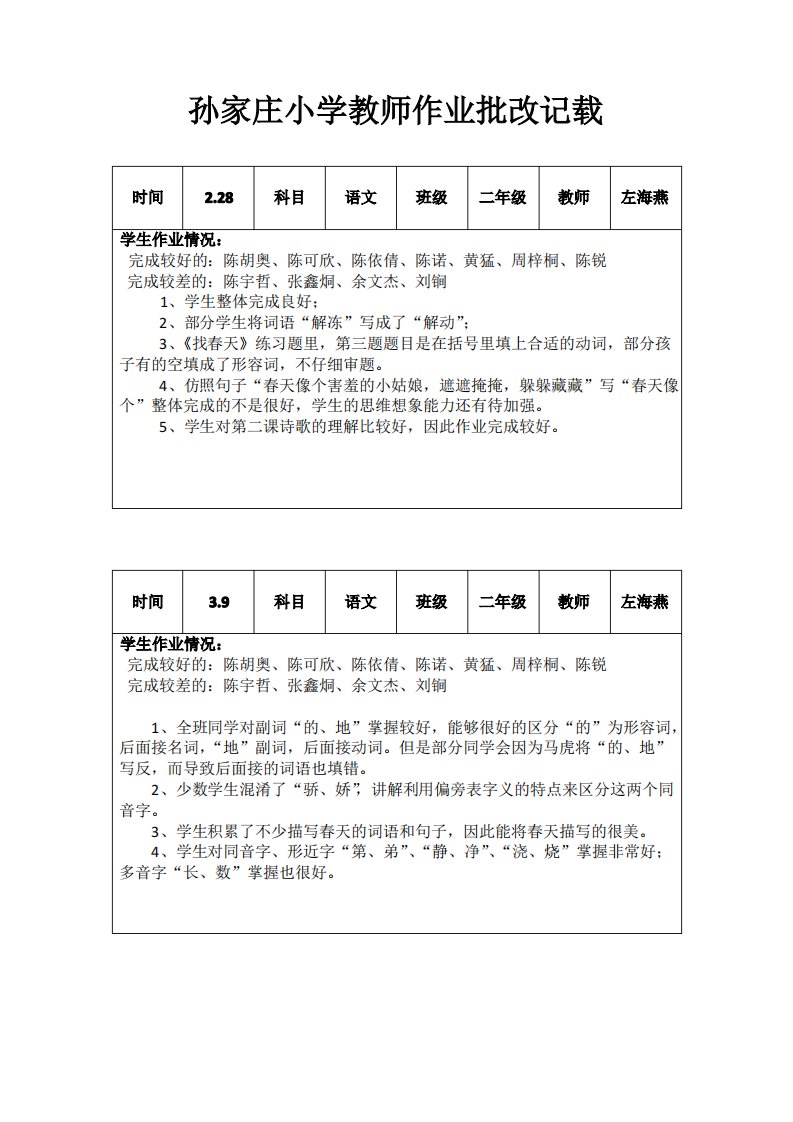 16春二年级语文作业批改记载