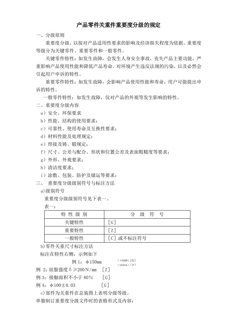 产品零件关重件重要度分级的规定