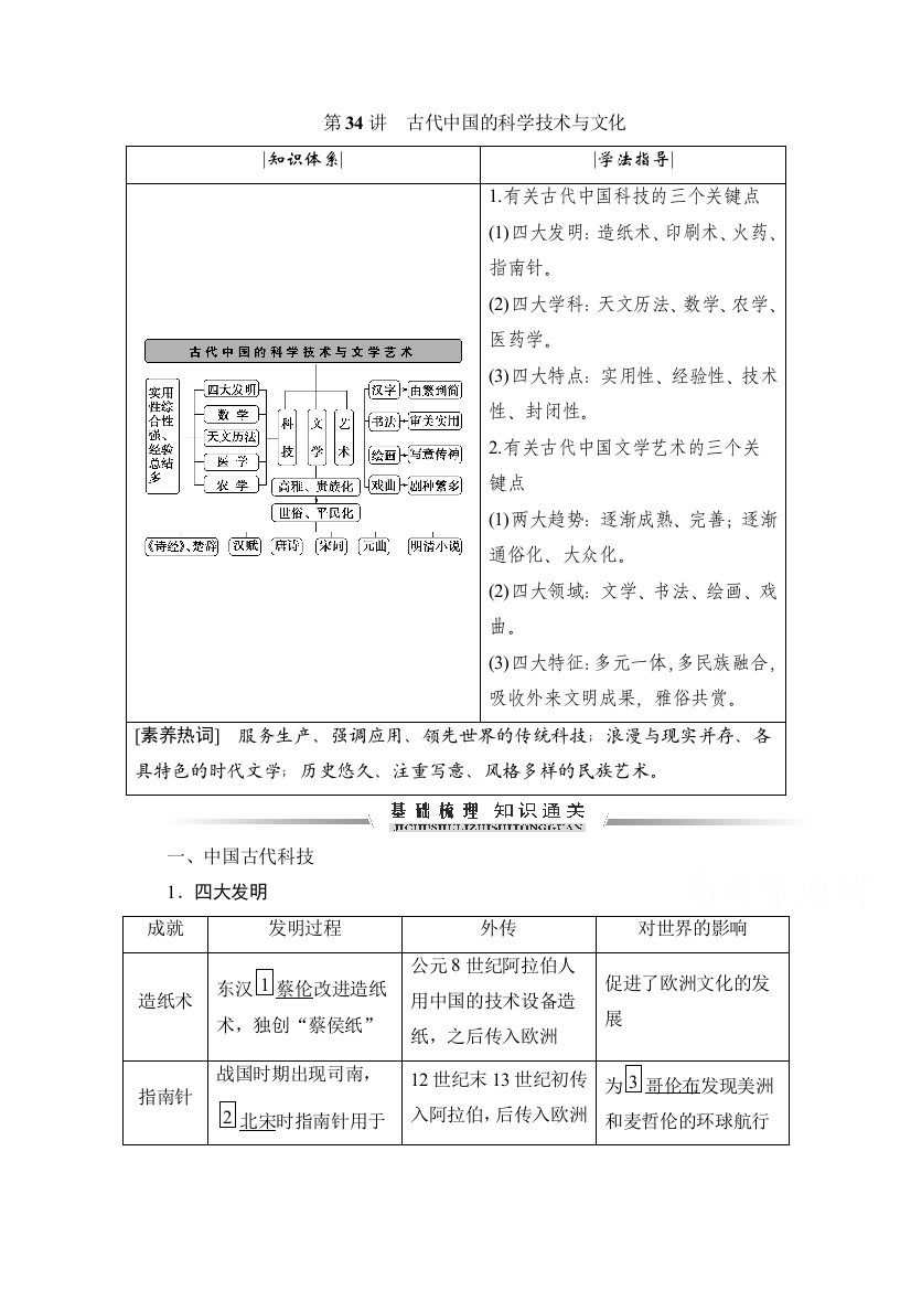 2021届高三人民版历史一轮复习学案：第34讲　古代中国的科学技术与文化