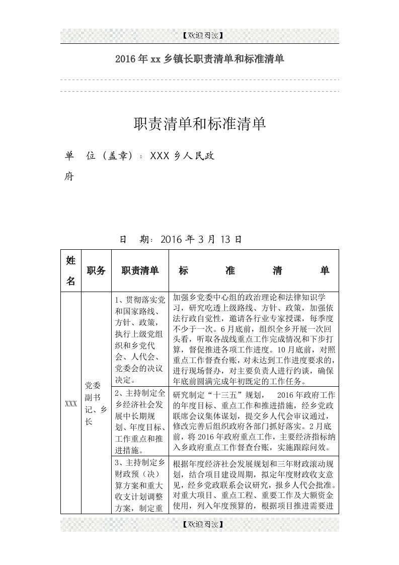 2016年xx乡镇长职责清单和标准清单.docx