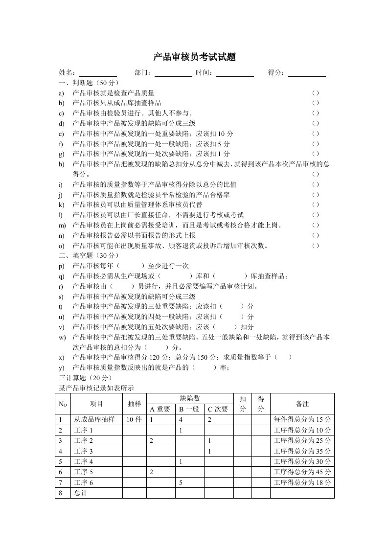 产品审核员考试试题