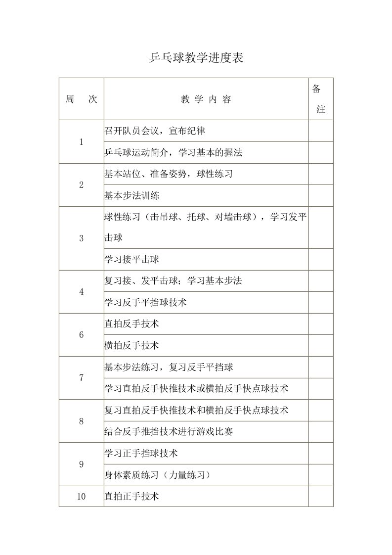 乒乓球教学进度表