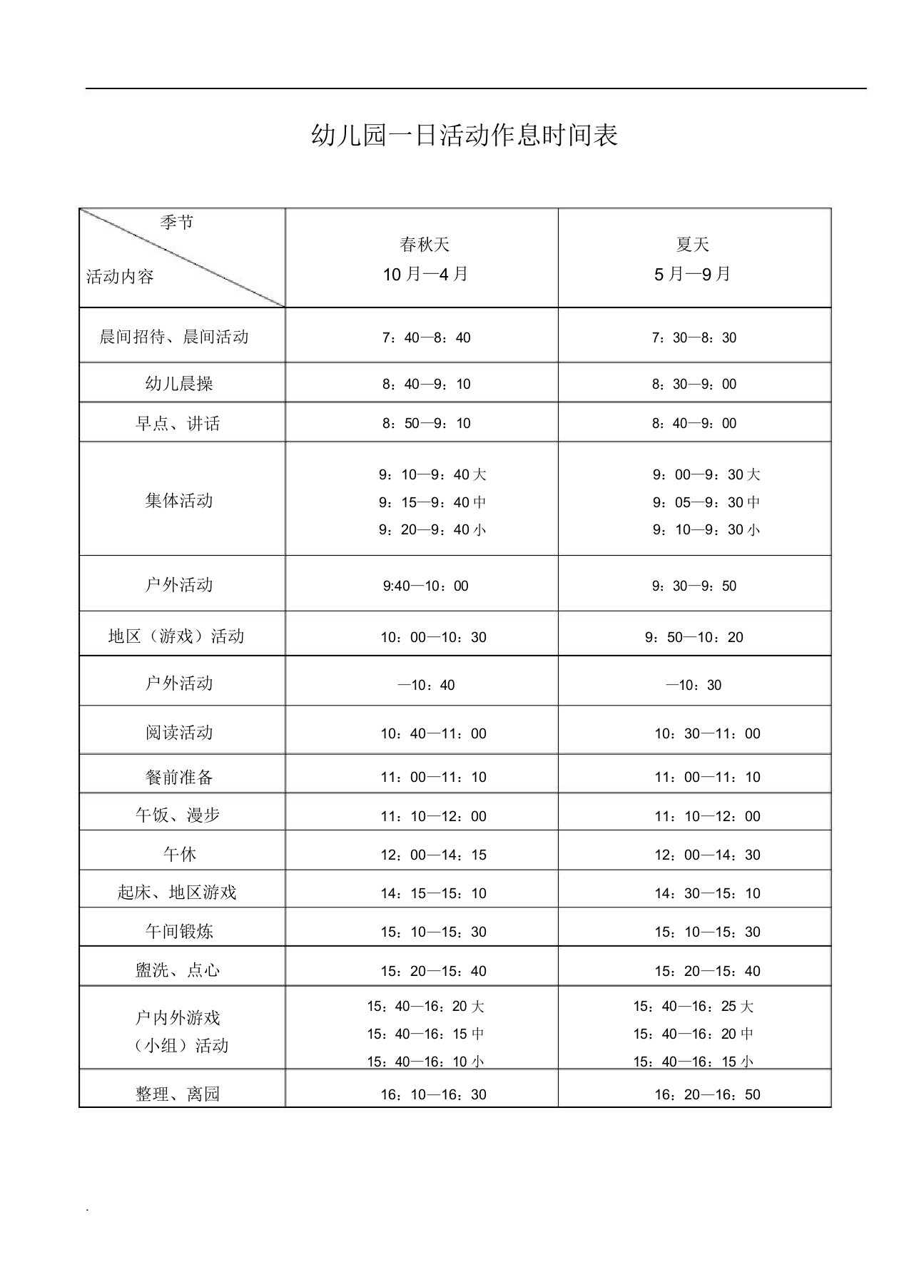 幼儿园一日活动作息时间表