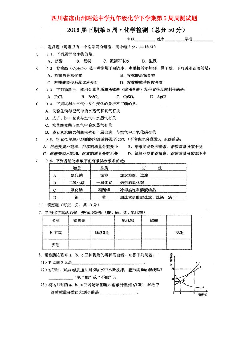 四川省凉山州昭觉中学九级化学下学期第5周周测试题（扫描版）