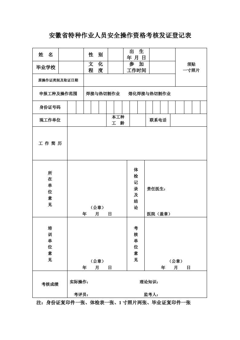 安徽省特种作业人员安全操作资格考核发证登记表