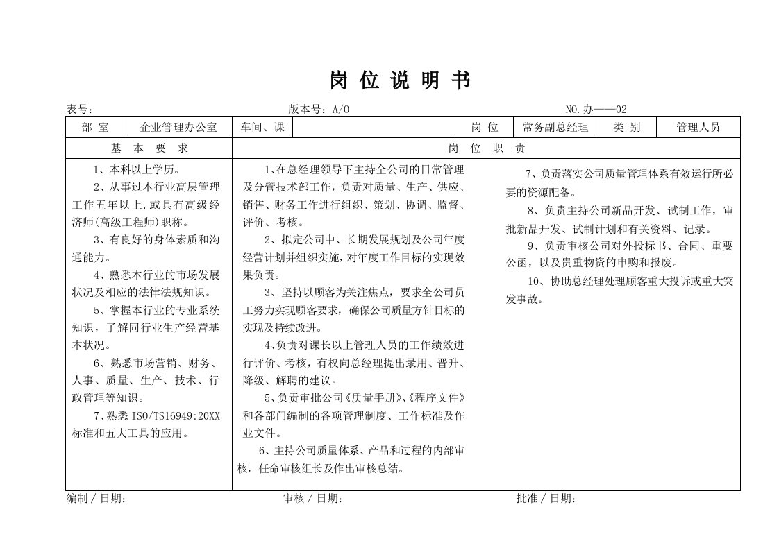 岗位职责-某大型摩配企业常务副总经理岗位说明书