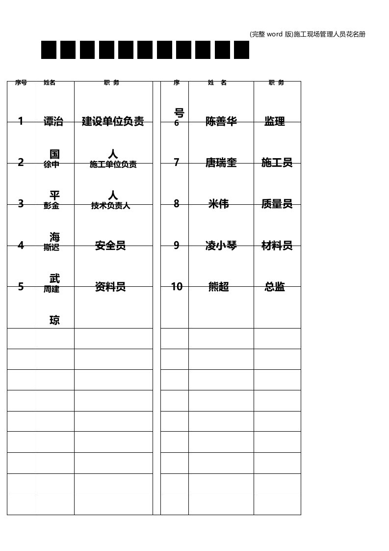 施工现场管理人员花名册