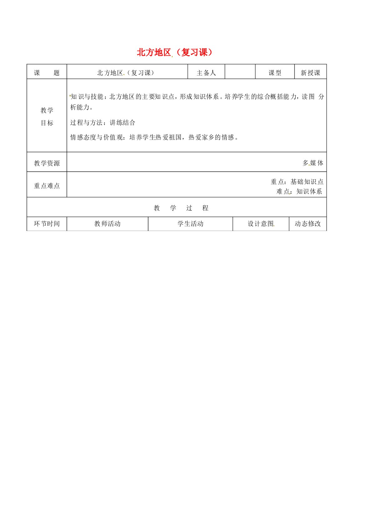 人教版八年级地理下册第六章北方地区复习教案新版