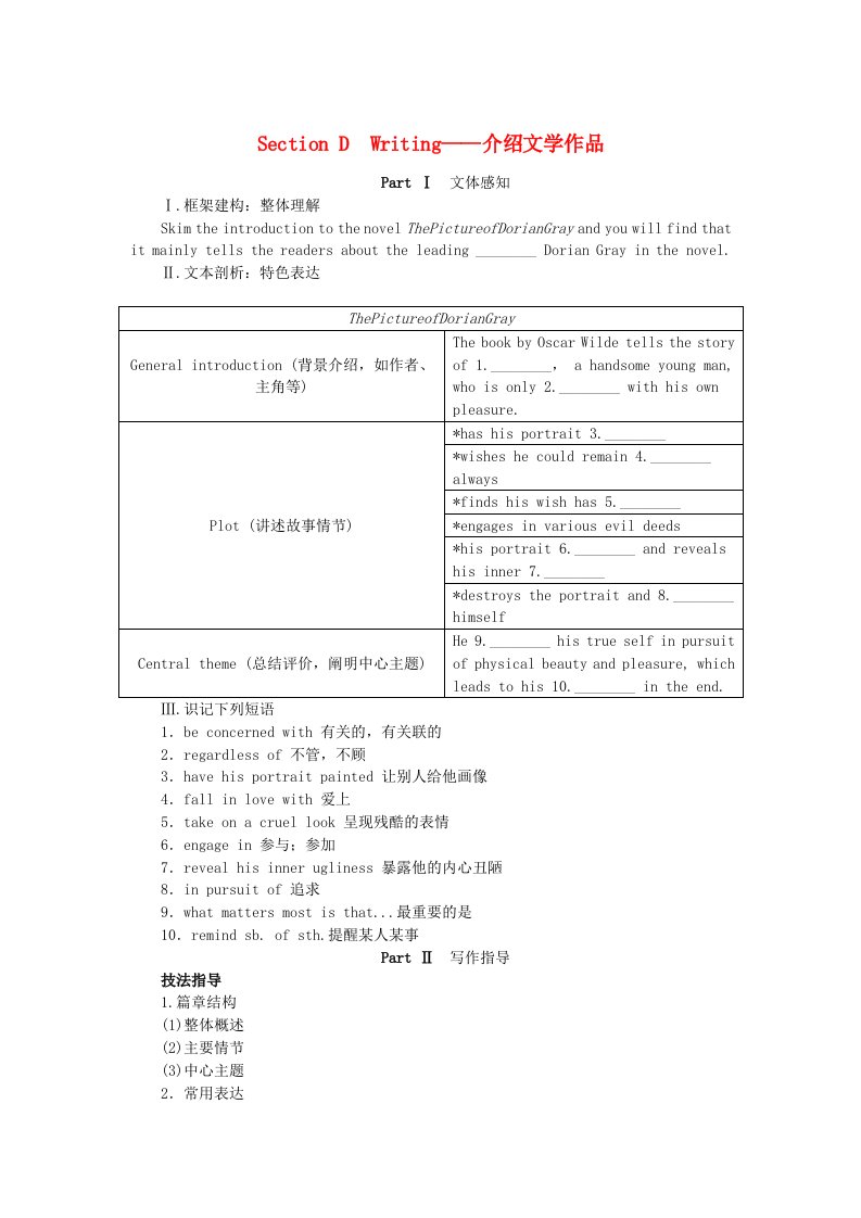 新教材2023版高中英语Unit1FacevaluesSectionDWriting__介绍文学作品学生用书外研版选择性必修第三册