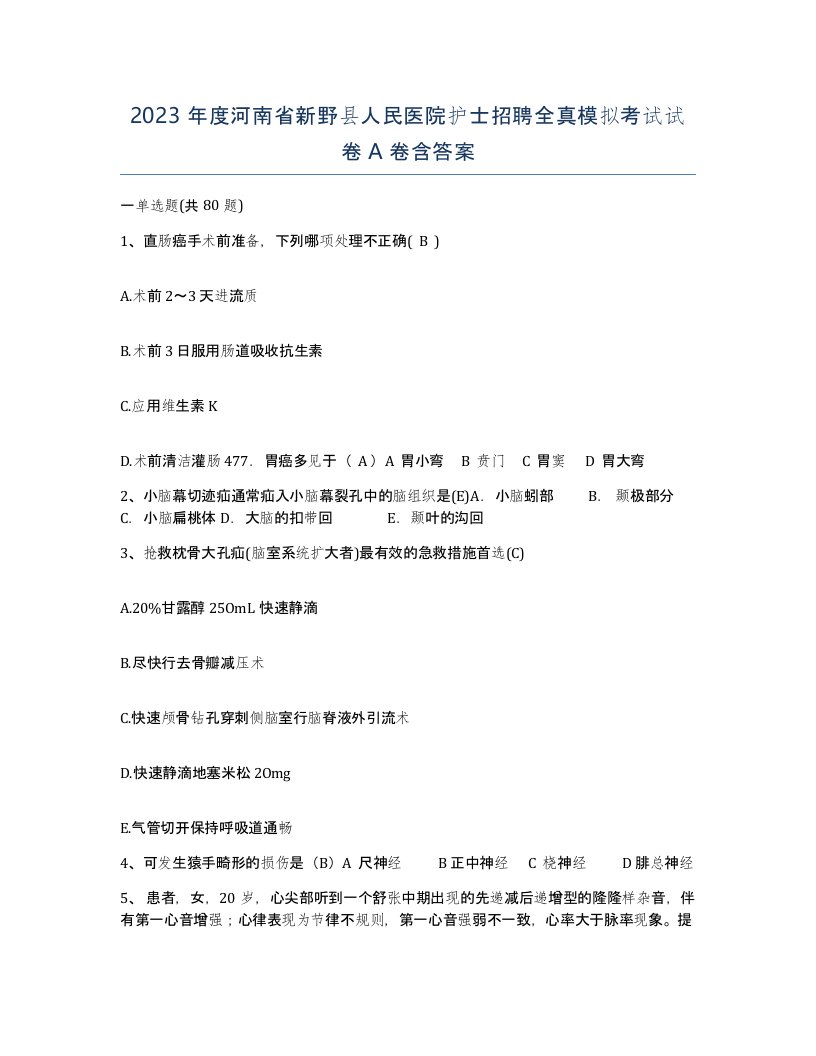 2023年度河南省新野县人民医院护士招聘全真模拟考试试卷A卷含答案