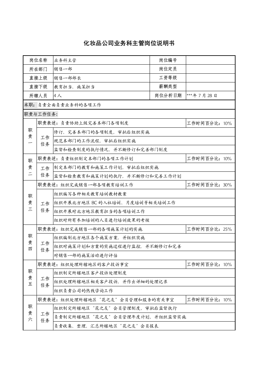 化妆品公司业务科主管岗位说明书