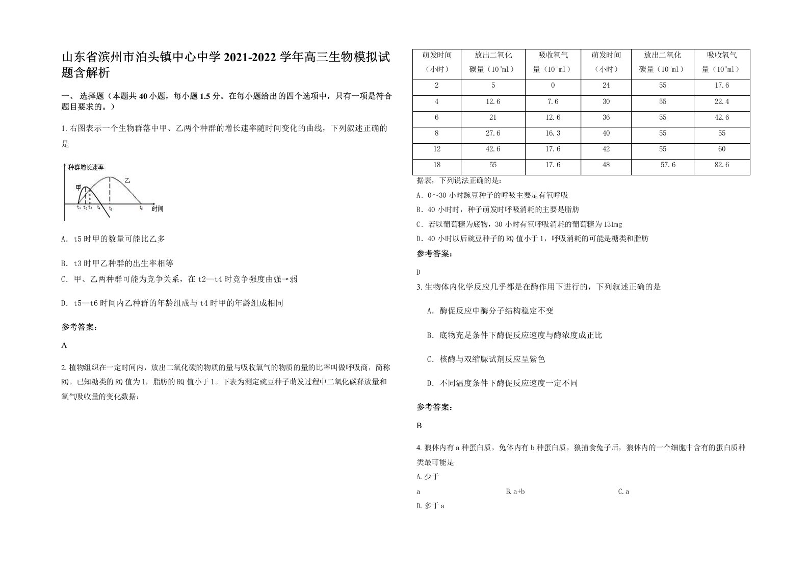 山东省滨州市泊头镇中心中学2021-2022学年高三生物模拟试题含解析