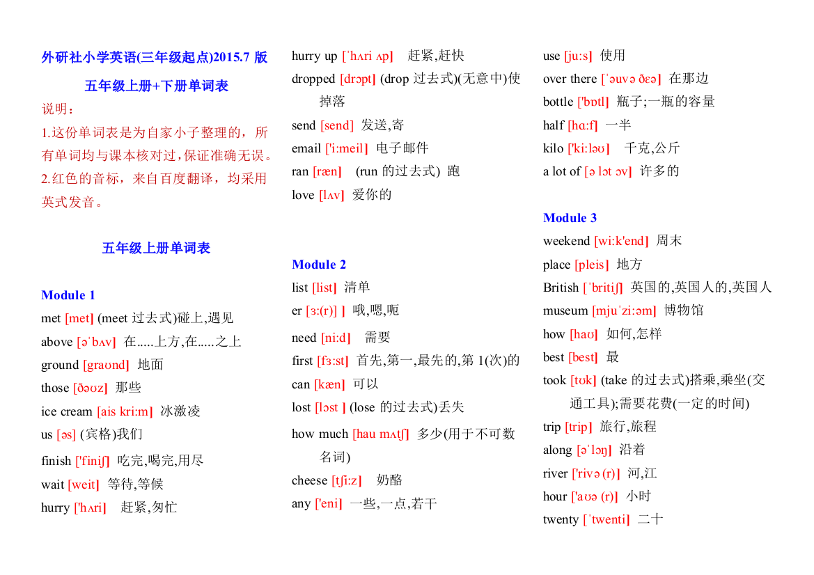 (完整word)外研社(三年级起)小学英语五年级上册+下册单词表(含音标)