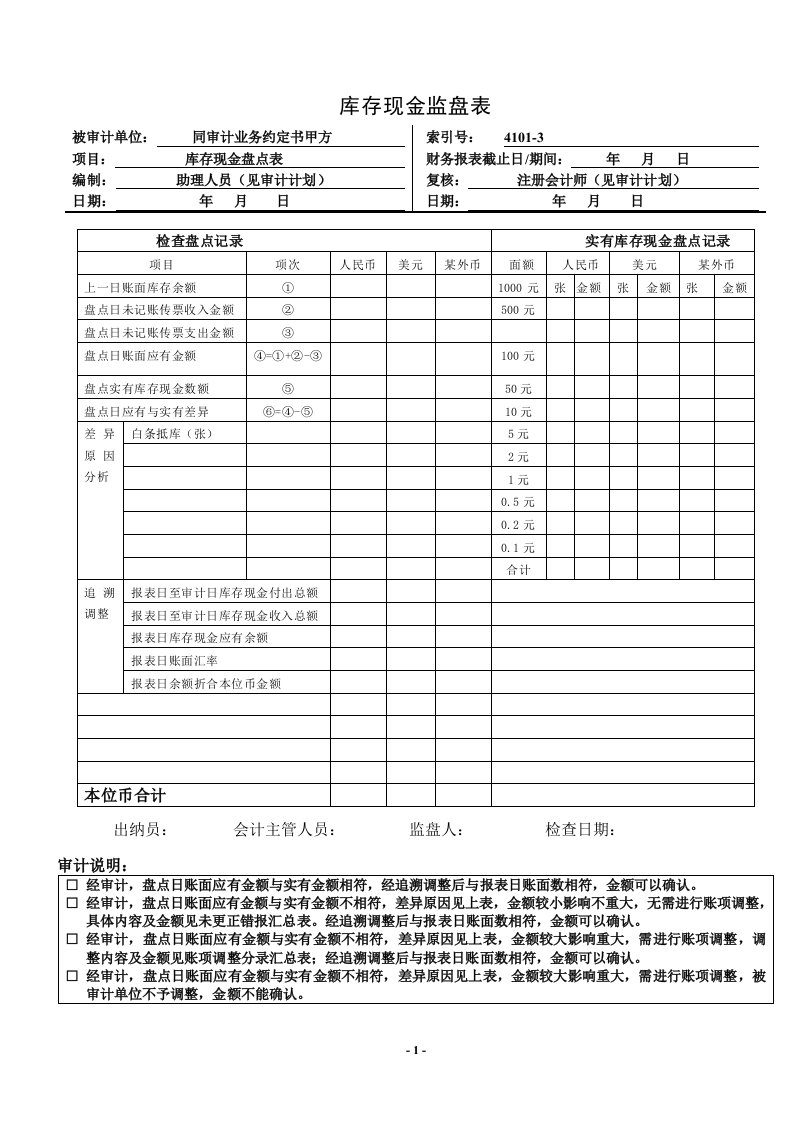 库存现金监盘表