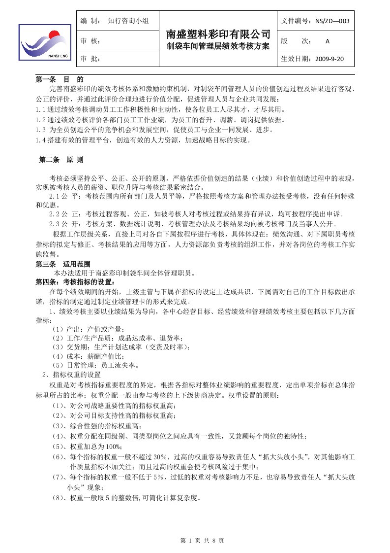 制袋车间管理层绩效考核方案