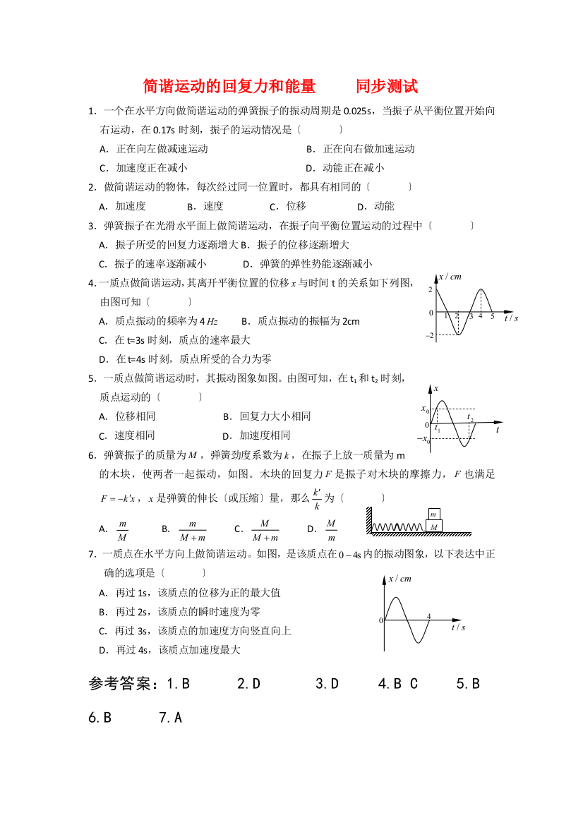 （高中物理）简谐运动的回复力和能量同步测试