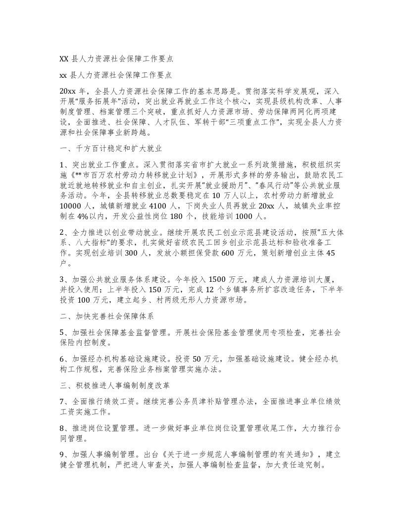 县人力资源社会保障工作要点