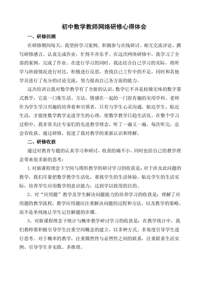 初中数学教师网络研修心得体会