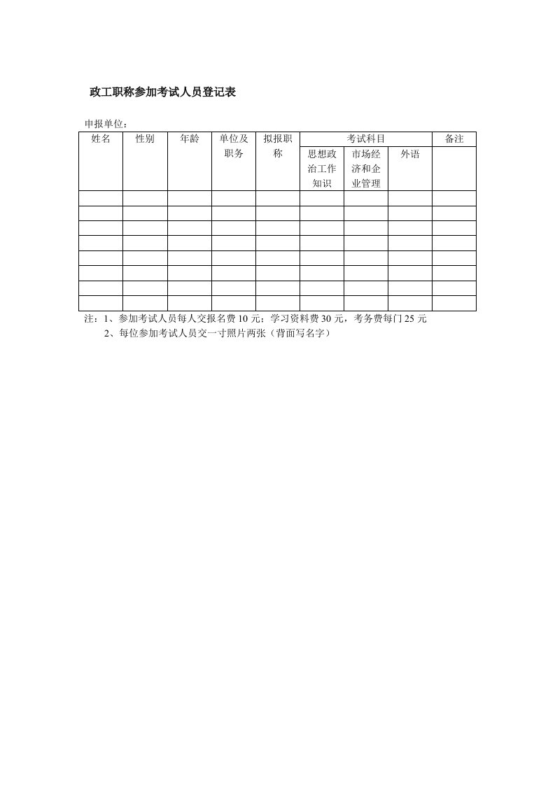 员工管理-政工职称参加考试人员登记表