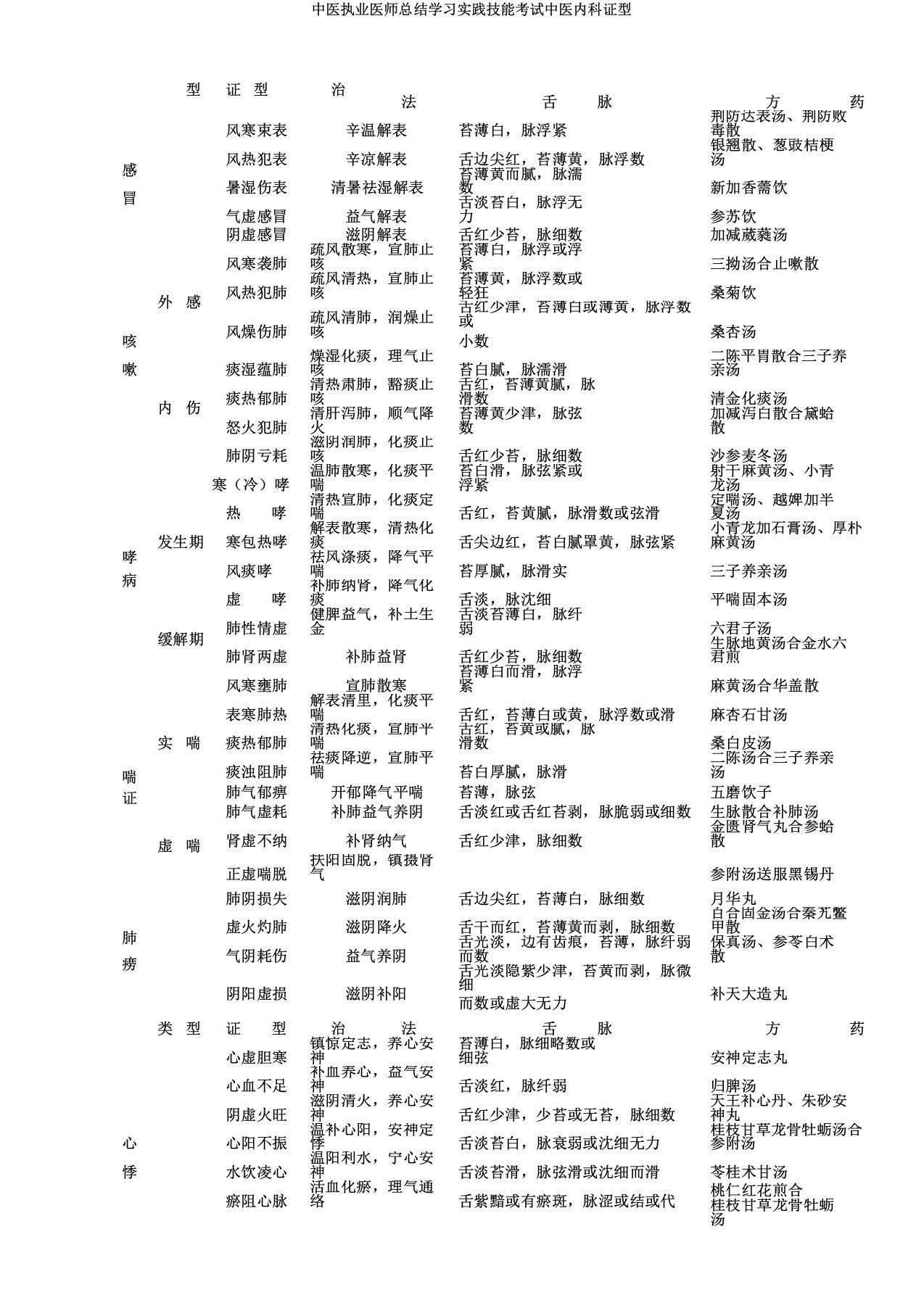 中医执业医师总结学习实践技能考试中医内科证型