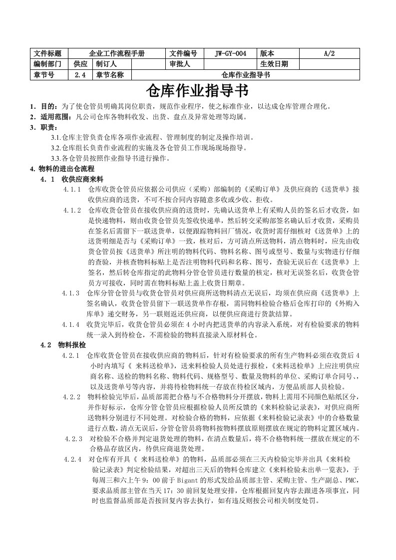 工厂仓库作业指导书物料收发出货盘点及异常处理