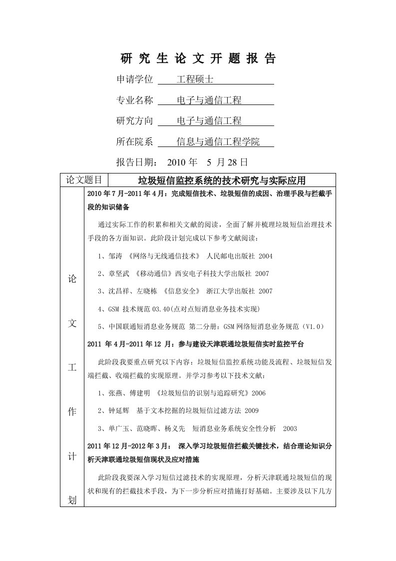 【专业硕士论文】垃圾短信监控系统的技术研究与实际应用研究生开题报告表