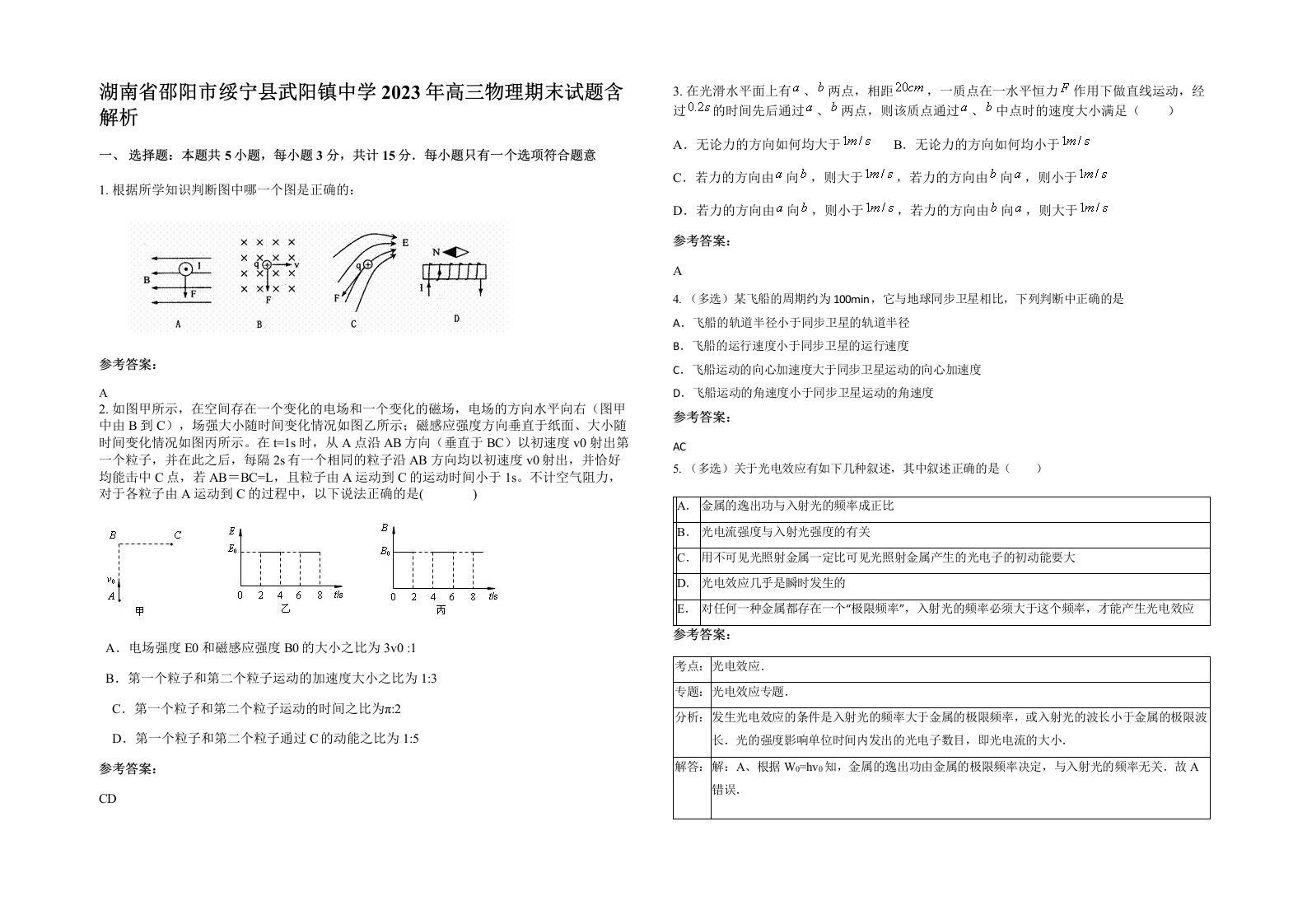 湖南省邵阳市绥宁县武阳镇中学2023年高三物理期末试题含解析