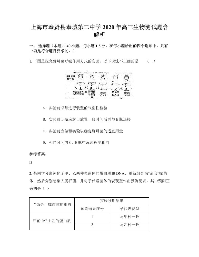 上海市奉贤县奉城第二中学2020年高三生物测试题含解析