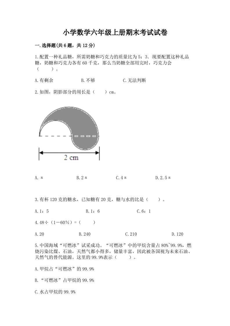 小学数学六年级上册期末考试试卷精品及答案