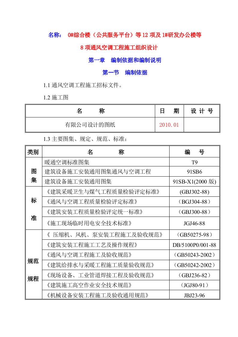 综合楼40公共服务平台41等12项及1研发办公楼等8项通风空调工程施工组织设计