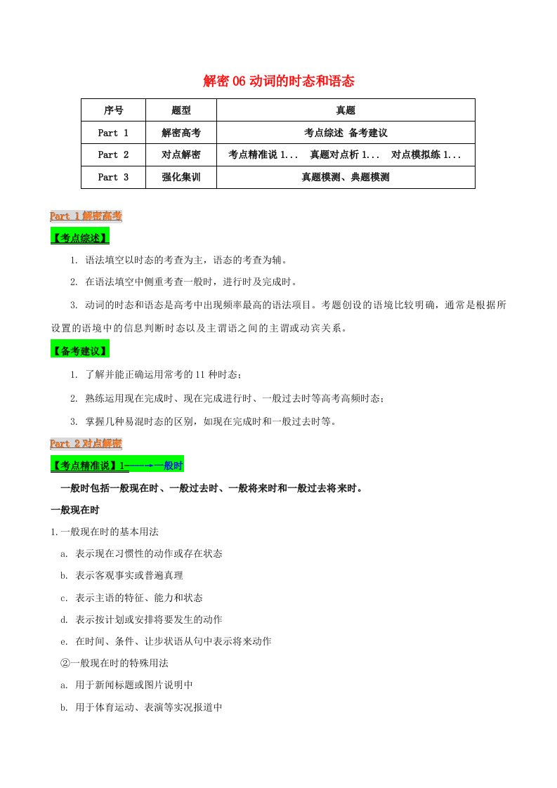 2021届高考英语二轮复习专项解密06动词的时态和语态含解析