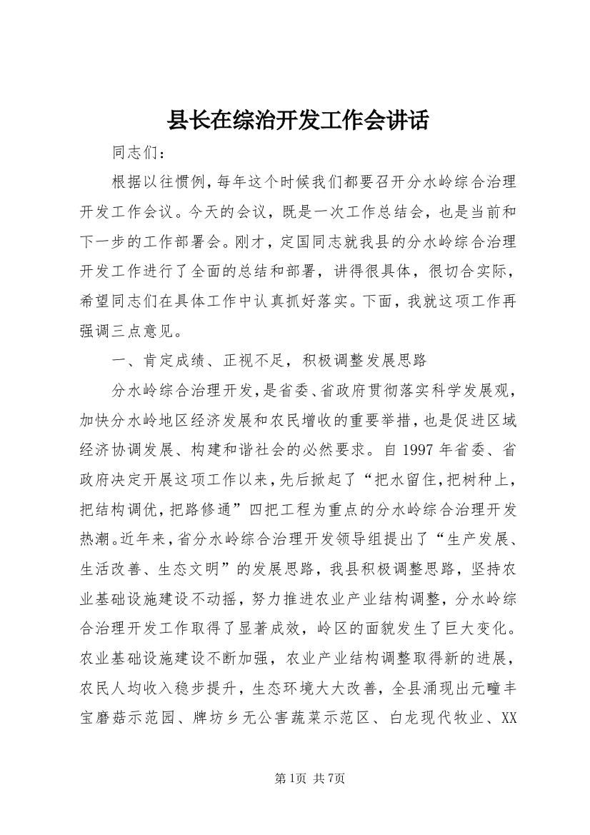 县长在综治开发工作会讲话