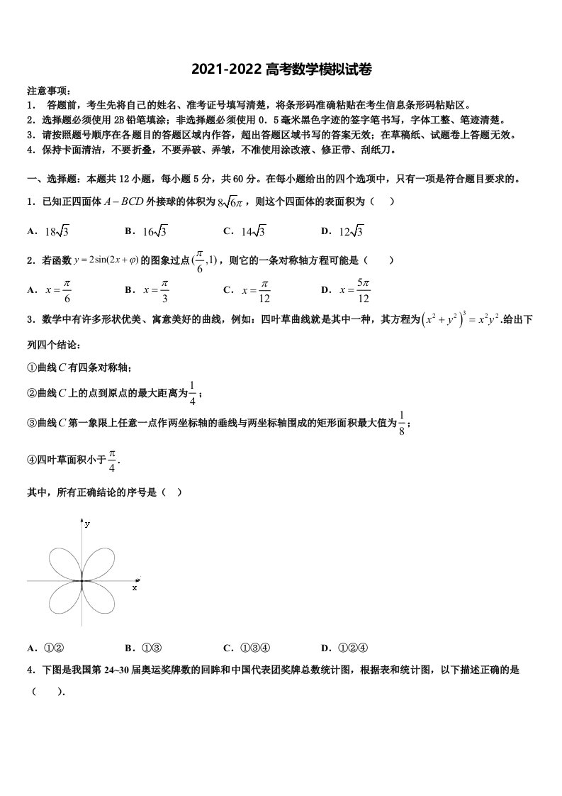 吉林市长春汽车经济开发区第六中学2021-2022学年高三第二次诊断性检测数学试卷含解析