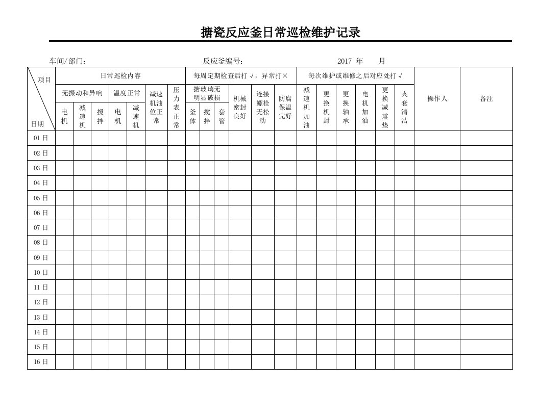 搪瓷反应釜日常巡检记录