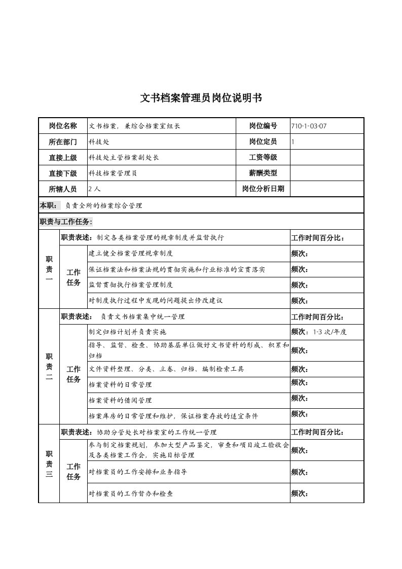 金融保险-军工行业科技处文书档案管理员岗位说明书