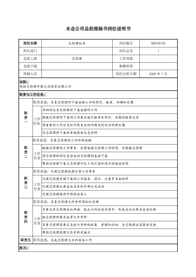 木业公司总经理秘书岗位说明书