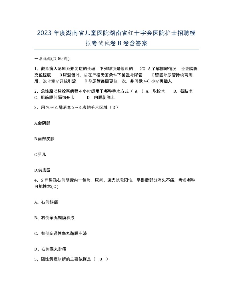 2023年度湖南省儿童医院湖南省红十字会医院护士招聘模拟考试试卷B卷含答案