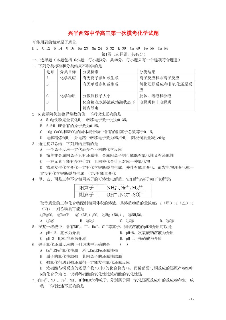 陕西省兴平西郊高级中学高三化学上学期第一次模拟考试试题