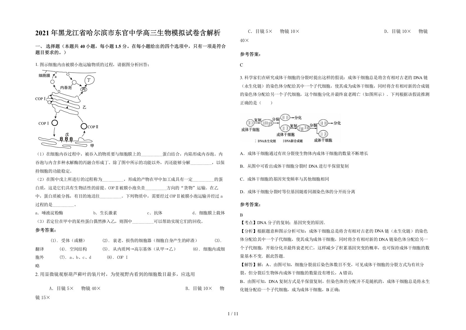 2021年黑龙江省哈尔滨市东官中学高三生物模拟试卷含解析