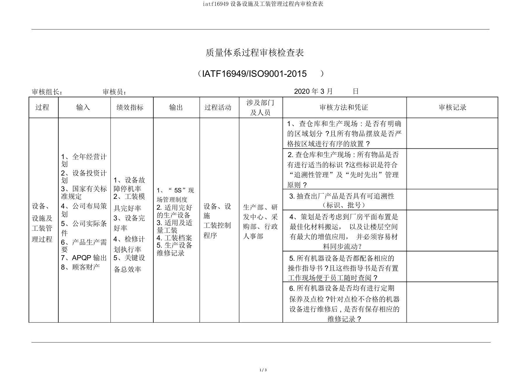 iatf16949设备设施及工装管理过程内审检查表