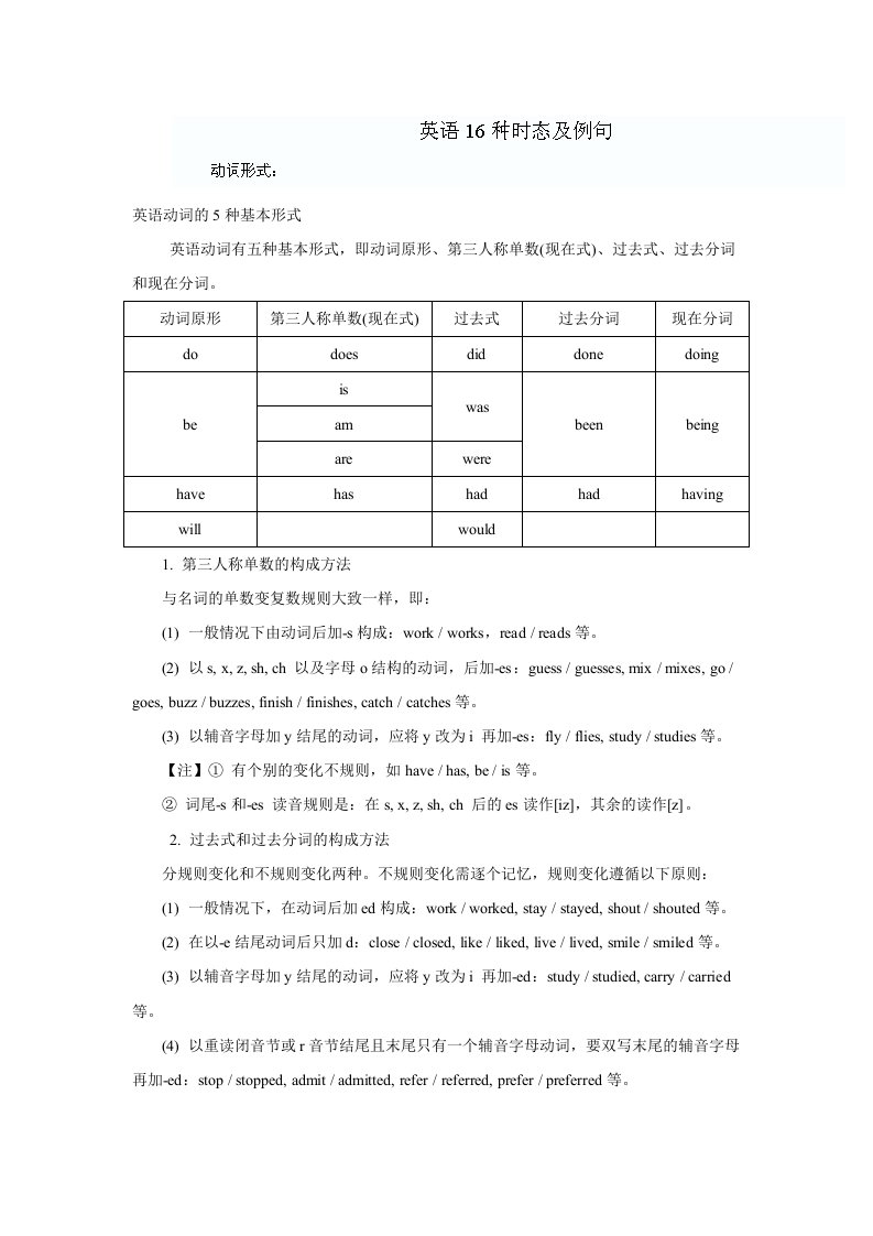 英语16种时态及例句