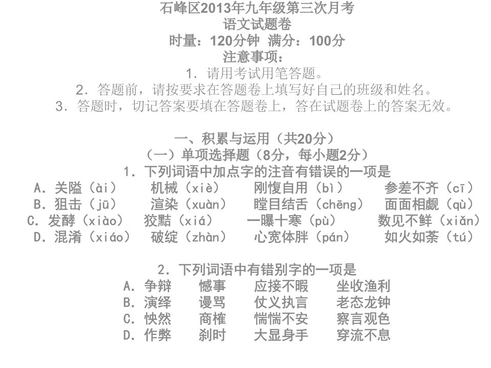 中考语文模拟试卷