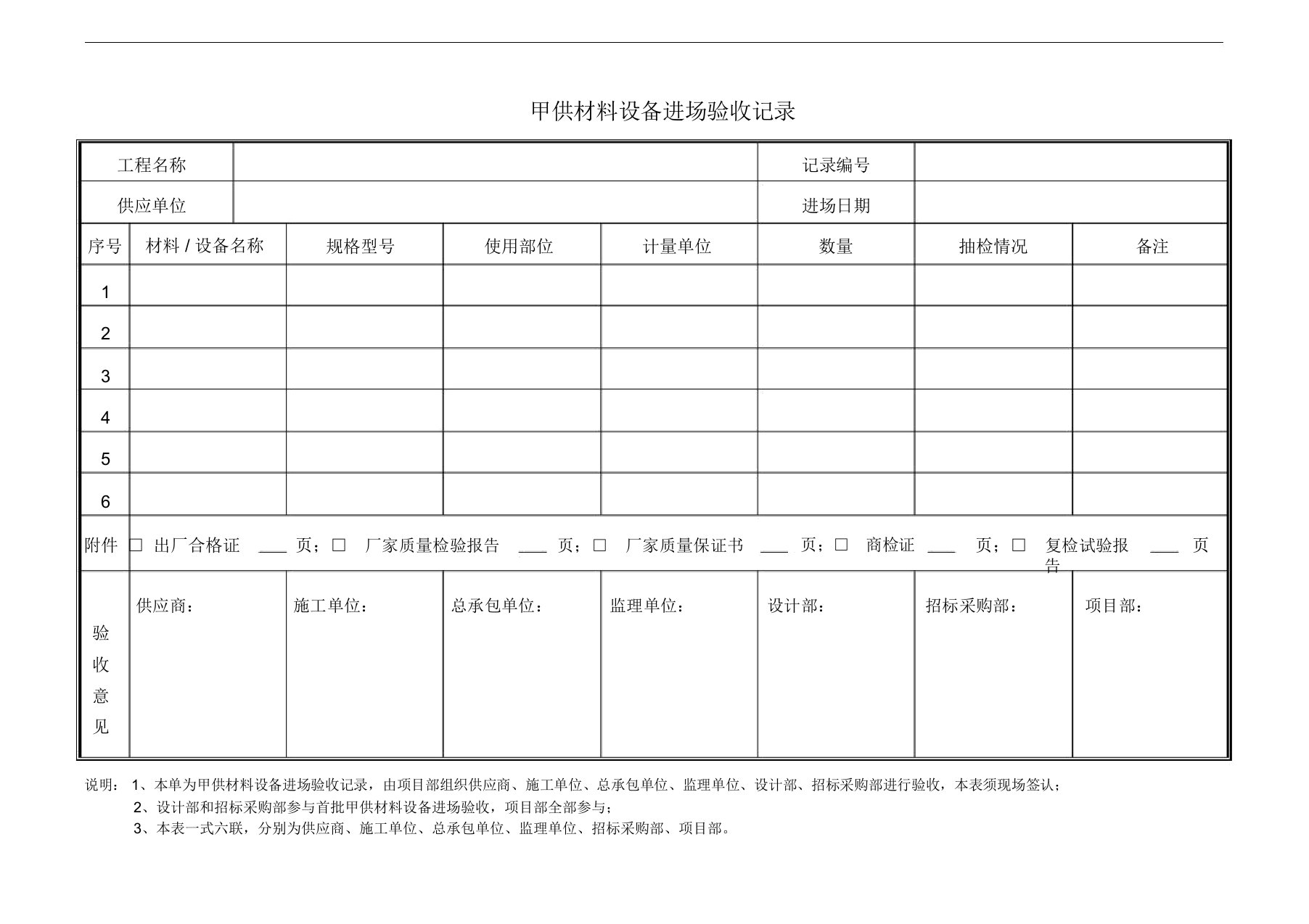 甲供材料设备进场验收记录